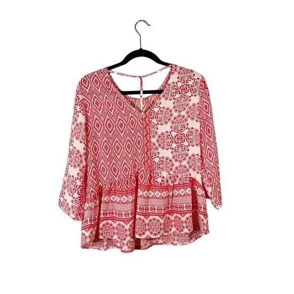 Collective Concepts Cutout Boho Flowy Peplum Ref White Patterned Blouse Small - Picture 2 of 5